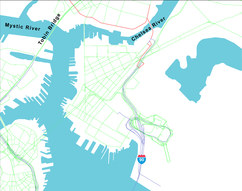 Figure 2 is a map of East Boston and parts of Chelsea. The East Boston Haul Road, the Chelsea Street Bridge, and Marginal Street have been highlighted as CUFCs